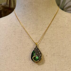 Gold and Green Teardrop Peacock Pendant Necklace NWOT